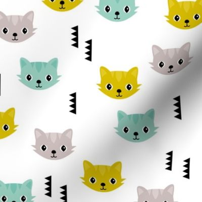 Cute kitten cat illustration in colorful summer palette with geometric details for kids boys