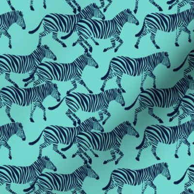 (small scale) zebras in navy on teal