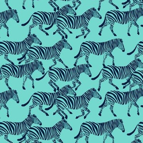 (small scale) zebras in navy on teal