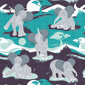 Baby African elephants joy night and day // teal 