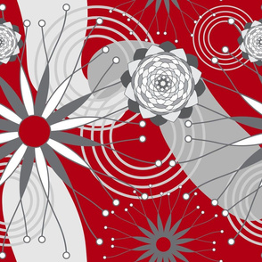 Red Gray and White Geometric Modern Flowers Seamless Repeat Pattern