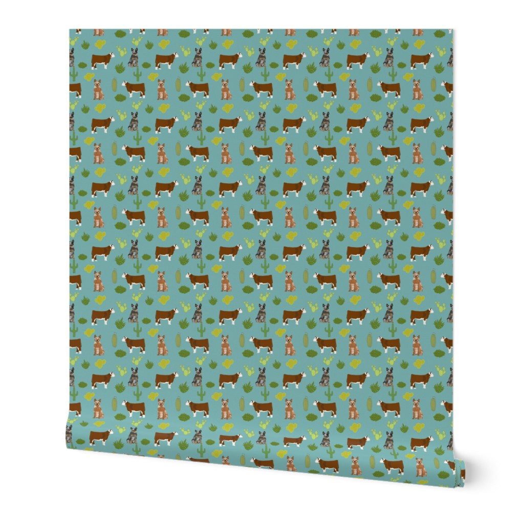 australian cattle dog with cattle red heeler and blue heeler fabric blue/green