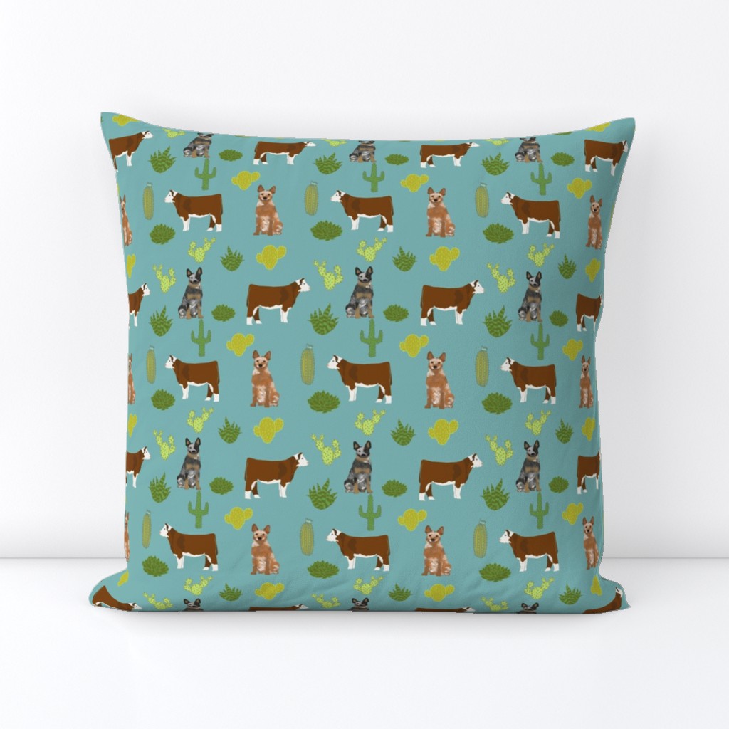 australian cattle dog with cattle red heeler and blue heeler fabric blue/green