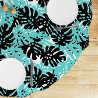 Aqua, Black & White Tropical Leaves