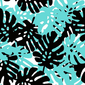 Aqua, Black & White Tropical Leaves