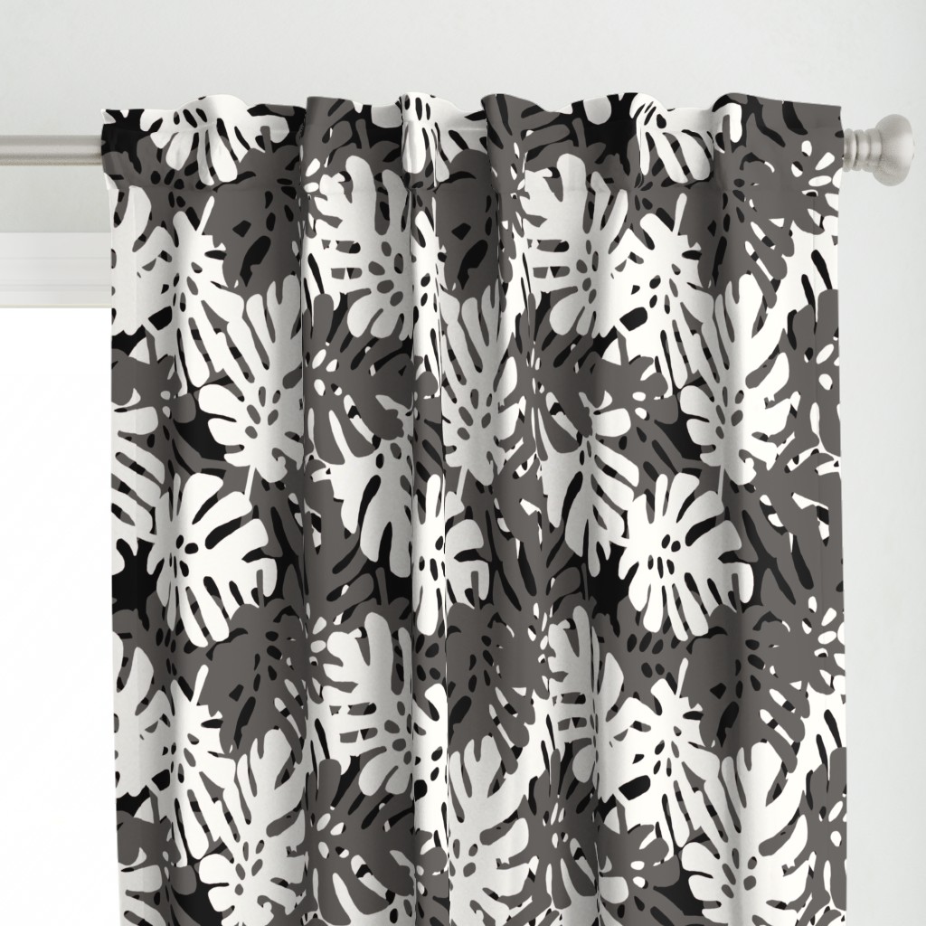 Dark Khaki & White Tropical Leaves on Black