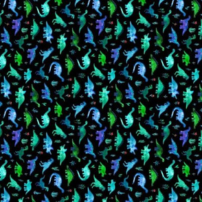 Rotated Extra Tiny Dinos in Blue and Green on Black
