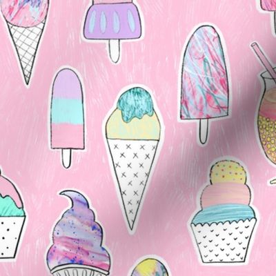 Icecreams, popsicles, smoothies on pink