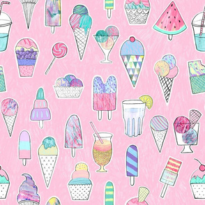 Icecreams, popsicles, smoothies on pink