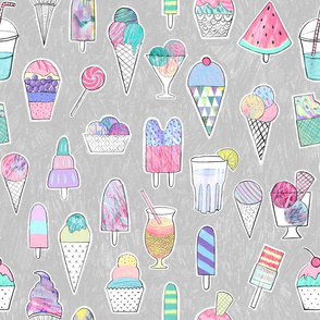 Icecreams, popsicles, smoothies on light grey