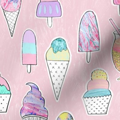 Icecreams, popsicles, smoothies on blush pink