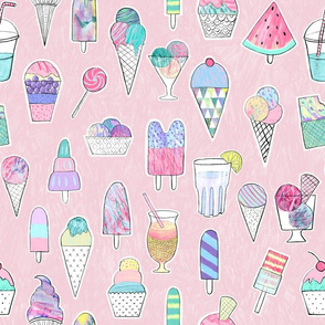 Icecreams, popsicles, smoothies on blush pink