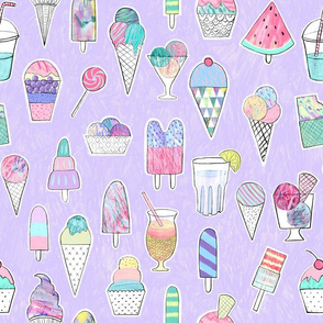 Icecreams, popsicles, smoothies on lavender