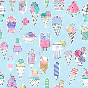  icecreams popsicles smoothies on light blue