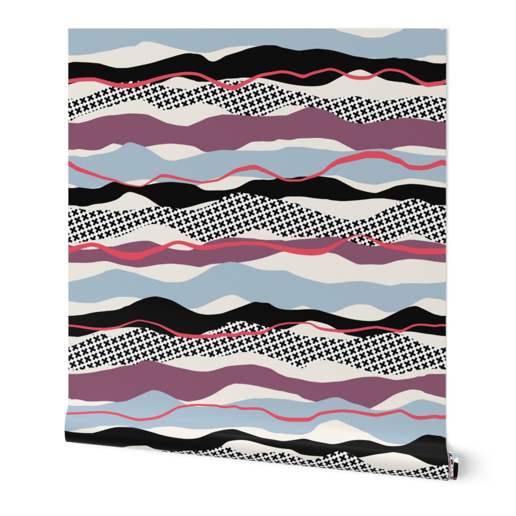 Waves, Ripples and Crosses, wine, soft blue, coral, black