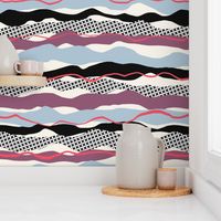 Waves, Ripples and Crosses, wine, soft blue, coral, black