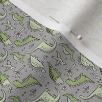 Dinosaurs in Green on Grey Tiny Small Rotated