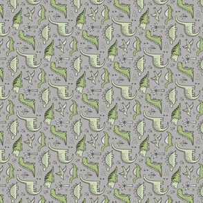 Dinosaurs in Green on Grey Tiny Small Rotated