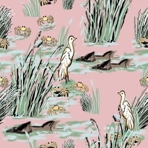 Egrets and Crabs in Marshlands mauve pink