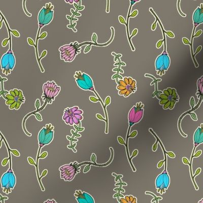 Whimsical Garden Flowers on Taupe, Botanicals, Pink Floral