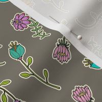 Whimsical Garden Flowers on Taupe, Botanicals, Pink Floral