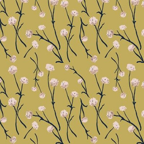 Flowers and Stems, Light Rose and Navy on Ochre