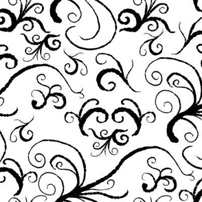 Fly Green Birdie - Medium Scale - 02M-BW - Black Ink Swirl Branches on White (zoom to see brush detail)
