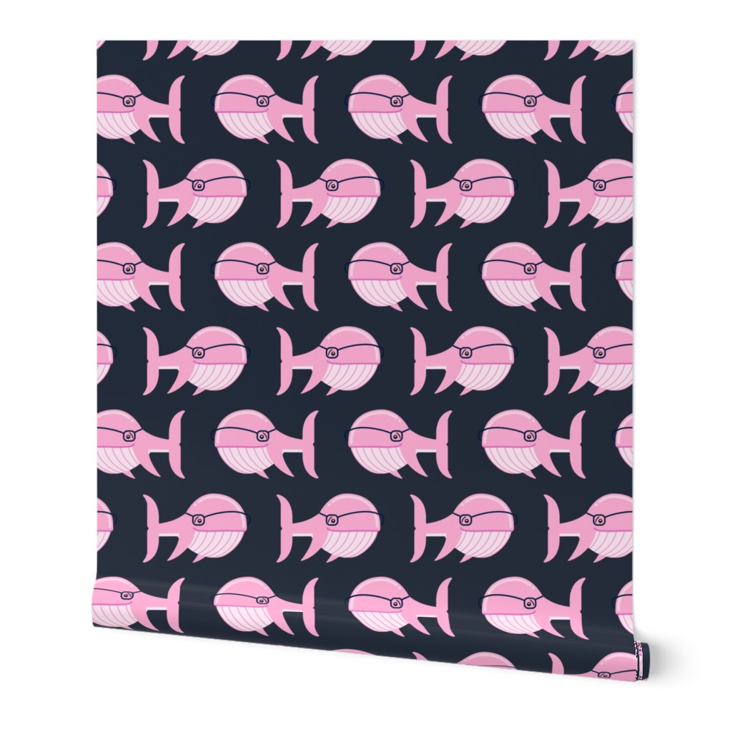 hipster whale (pink on dark blue)