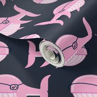 hipster whale (pink on dark blue)