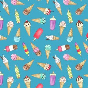 Ice Creams and Lollies on blue