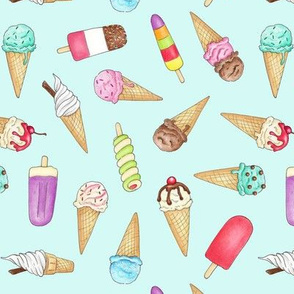 Ice Creams and Lollies on pale blue