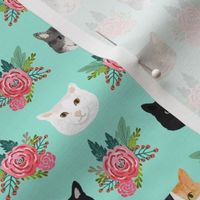 cat floral bouquet cat heads fabric bright aqua