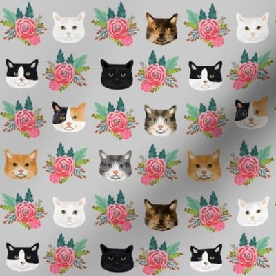 cat floral bouquet cat heads fabric grey