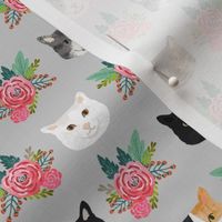 cat floral bouquet cat heads fabric grey