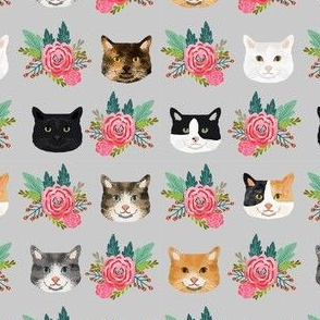 cat floral bouquet cat heads fabric grey