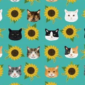 cat floral sunflowers cat heads fabric green