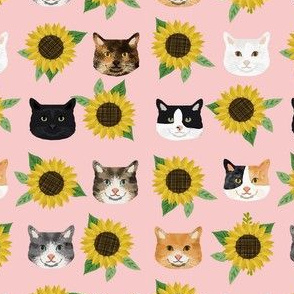 cat floral sunflowers cat heads fabric peach