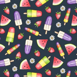 Ice Lollies and Fruit on dark navy grey - small-medium scale