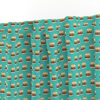 Rows of burgers on sea green - small scale