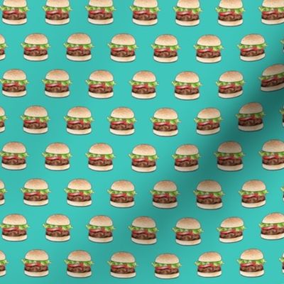 Rows of burgers on sea green - small scale