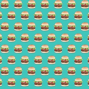 Rows of burgers on sea green - small scale