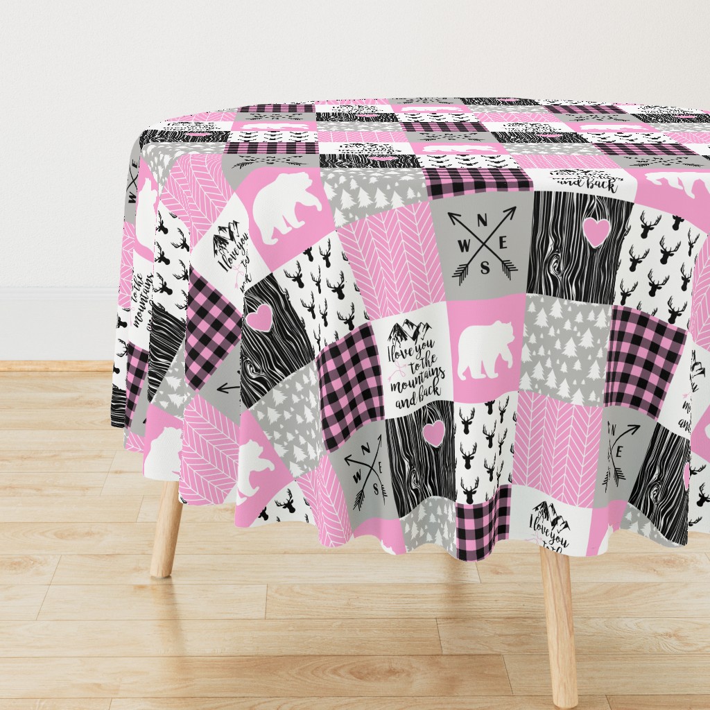 Love you to the mountains and back - bubble gum pink - wholecloth cheater quilt