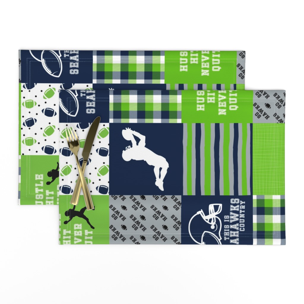 Football//Hustle Hit Never Quit - Seahawks colours - wholecloth Cheater Quilt - Rotated