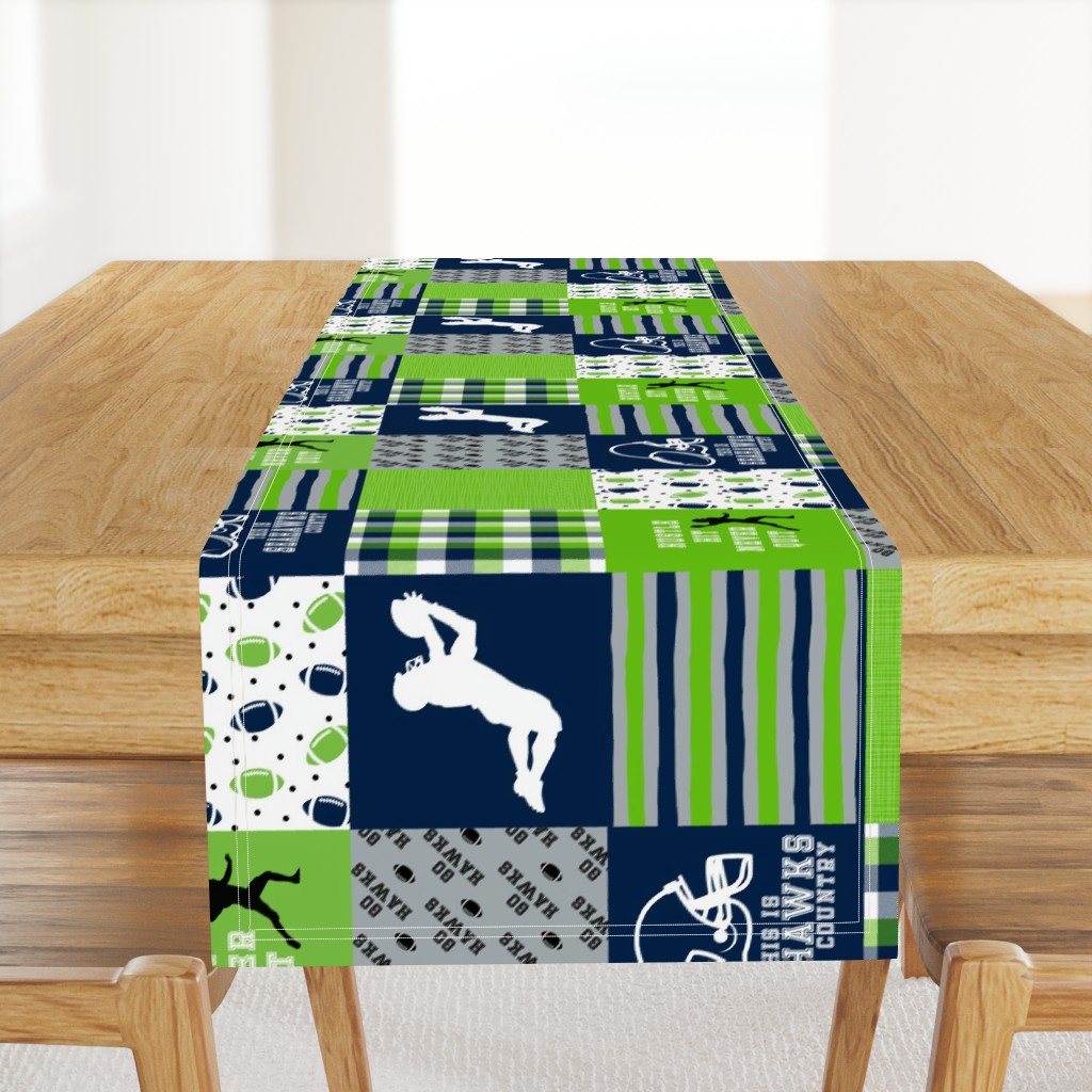 Football//Hustle Hit Never Quit - Seahawks colours - wholecloth Cheater Quilt - Rotated