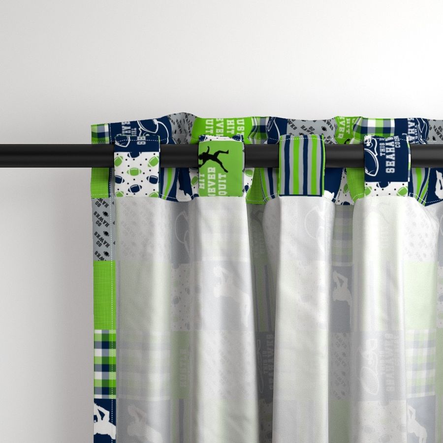 3 inch Football//Hustle hit never quit - Seahawks colors - wholecloth cheater quilt - rotated