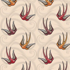 ★ SWALLOW TATTOO ★ Dark Burgundy + Garnet Red + Orange on Ecru, Small Scale / Collection : Swallows & Polka Dots – Rockabilly Prints