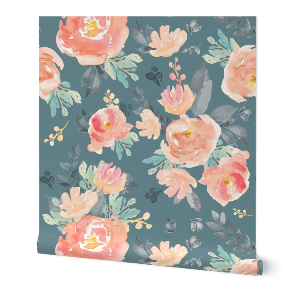 21" Coral Grey and Mint Florals - Muted Green