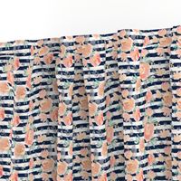 4" Coral Grey and Mint Florals - Navy Stripes