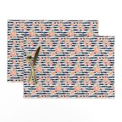 4" Coral Grey and Mint Florals - Navy Stripes