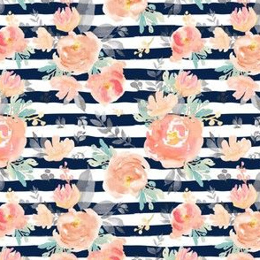 4" Coral Grey and Mint Florals - Navy Stripes